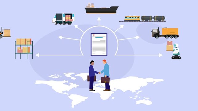 International Business Agreement and Global Logistics Contract cartoon animation
