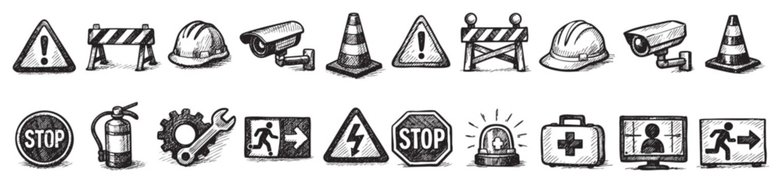 Comprehensive collection of hand-drawn safety and security icons, including warning signs, hard hats, and surveillance cameras, presented in a doodle style on a white background