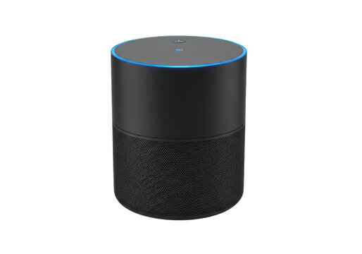 Modern black smart speaker with glowing blue ring and textured mesh grille on white background