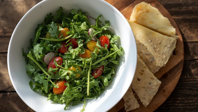 Bowl of arugula salad accompanied by Italian hard cheese.