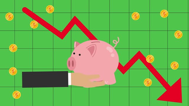Financial loss concept with a piggy bank and a declining market graph cartoon animation