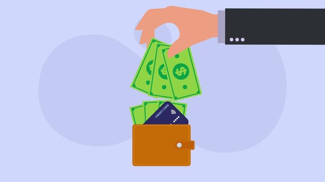 Hand pulling cash dollar banknotes out of a leather wallet cartoon animation