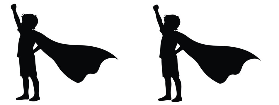 Black silhouette of a young child standing in a superhero pose with a cape on white background.