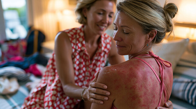 Photorealistic candid scene of a friend carefully applying cooling after-sun gel to another person's badly sunburned back, applicant's gentle careful expression, recipient wincing
