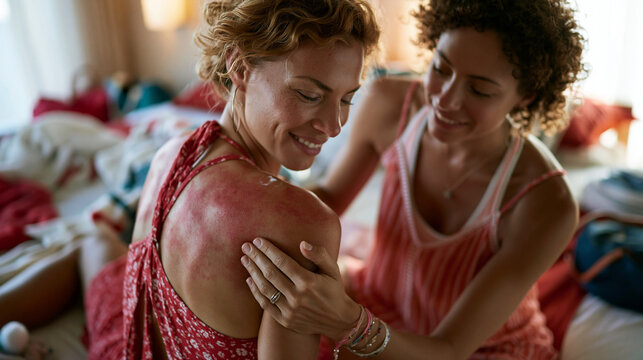 Photorealistic candid scene of a friend carefully applying cooling after-sun gel to another person's badly sunburned back, applicant's gentle careful expression, recipient wincing