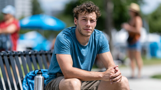 Photorealistic candid scene of a young man sitting on a park bench on a hot summer day, visibly lightheaded and pale, elbows on knees head slightly forward, a water bottle unopened