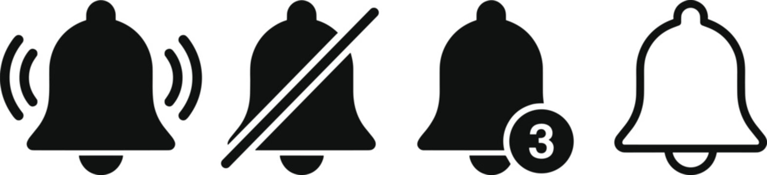 Notification Bell Vector Icon Set with Sound Waves Mute Slash Unread Badge Counter and Simple Outline Forms for Web and Mobile App Interface Status Designs