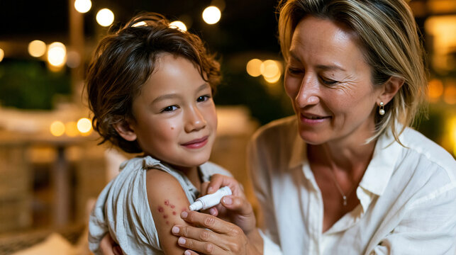 Photorealistic candid scene of a parent applying mosquito bite relief cream to multiple bites on a child's arm, child looking at the bites with mild discomfort, parent with calm ca