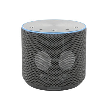 Modern black cylindrical wireless speaker with mesh grille and blue glowing top edge