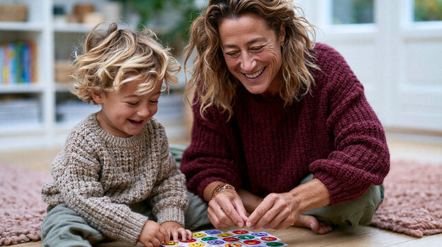 Ultra-realistic shot from a slight high angle of a smiling teacher sitting cross-legged on the floor with a young child, sorting simple emoji cards to talk about feelings, quiet co
