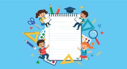 Fototapeta premium School themed frame design with diverse children, a blank notebook page, and various educational supplies.