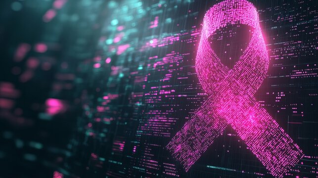 Digital pink ribbon formed from binary code, symbolizing breast cancer awareness, research, and hope for a cure globally