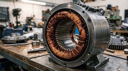 Highly detailed industrial electric motor stator with gleaming copper coils wound inside a brushed steel casing under soft workshop light.