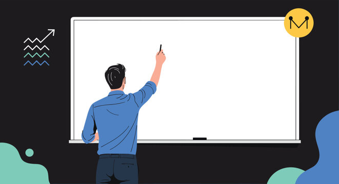 Professional man in a blue shirt writes on a large empty whiteboard in a modern dark office or classroom environment for a presentation.