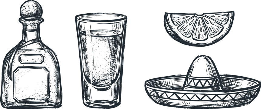 Hand drawn vintage engraving style vector illustration set of Mexican tequila bottle full shot glass fresh lime wedge slice and traditional sombrero hat isolated on white background
