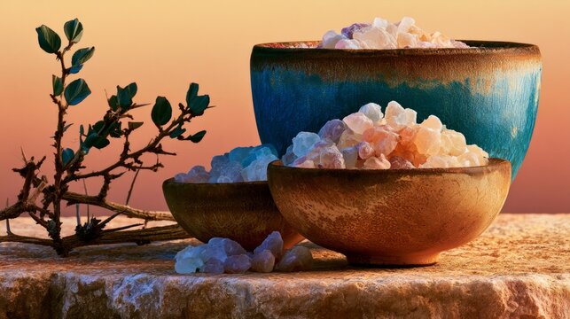 Colorful Bowls of Natural Gum Tragacanth Flakes on a Rustic Stone Surface against Sunset Background