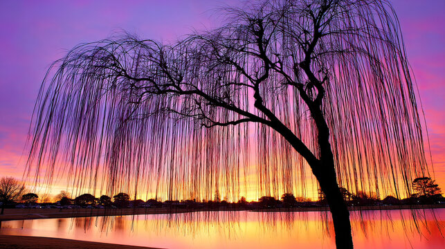willow. Tranquil lakeside scene with weeping willow and pastel sky mirrored in calm waters. travel magazines, destination branding, designed for outdoor magazines and nature guides.
