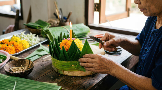 Person making traditional Thai krathong for festival.