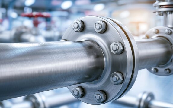 Close-Up of Stainless Steel Pipe Flange with Securely Fastened Bolts in Industrial Setting
