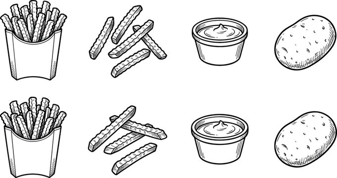 Vintage hand drawn French fries vector illustration set with crinkle cut potatoes paper boxes dip sauce cups and raw potato tubers on white background