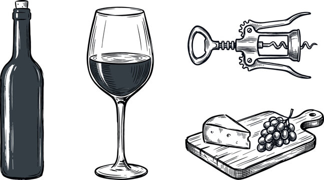 Hand drawn vintage engraving style vector illustration set of wine bottle full glass corkscrew opener and charcuterie board with cheese and grapes isolated on white background