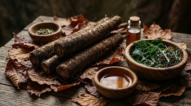Rustic arrangement of freshly harvested burdock roots resting on dried autumn leaves surrounded by wooden bowls of vibrant medicinal herbs.