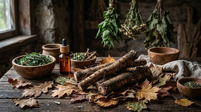 Rustic arrangement of freshly harvested burdock roots resting on dried autumn leaves surrounded by wooden bowls of vibrant medicinal herbs.