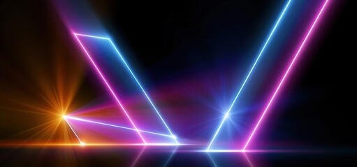 Fototapeta premium Glowing neon geometric forms with radiant edges and bright light flares on a dark background for modern digital artwork.