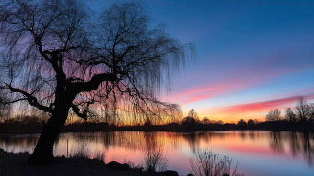 willow. Tranquil lakeside scene with weeping willow and pastel sky mirrored in calm waters. travel magazines, destination branding, designed for outdoor magazines and nature guides.
