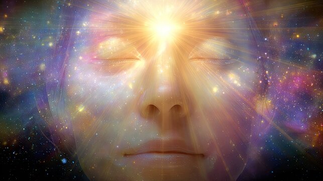Close-up face with third eye glowing in nebula