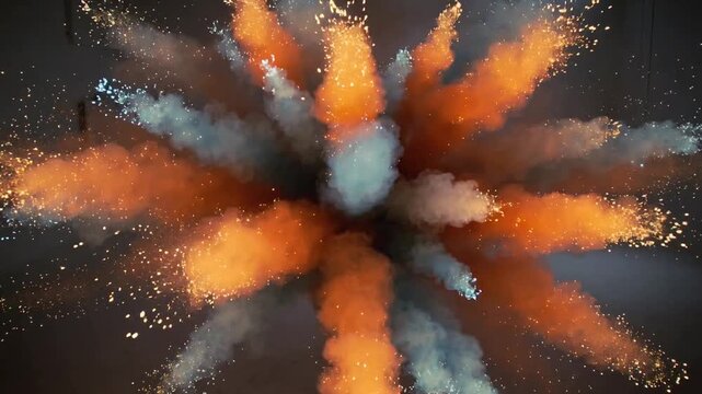 Igniting suspended pyrotechnic canister emitting orange white starburst in dark studio for art demo