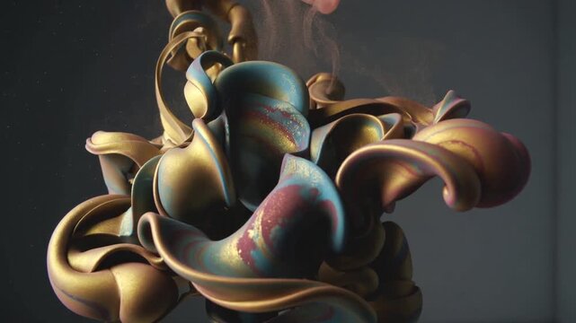 Rotating iridescent metal sculpture unfolding under camera approach on gray panel, with dust flecks
