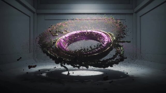 Appearing near center, metallic mass twisting to torus in gray room, shedding sparkles, stabilizing