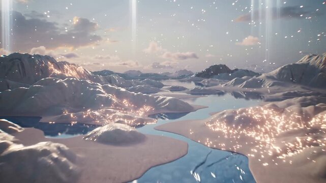 Moving camera revealing glints in frozen valley, bringing winding river and light shafts into view