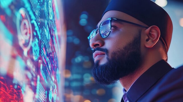 A thoughtful muslim scholar intently studies a vibrant digital display, reflecting knowledge, faith, and modern technology seamlessly