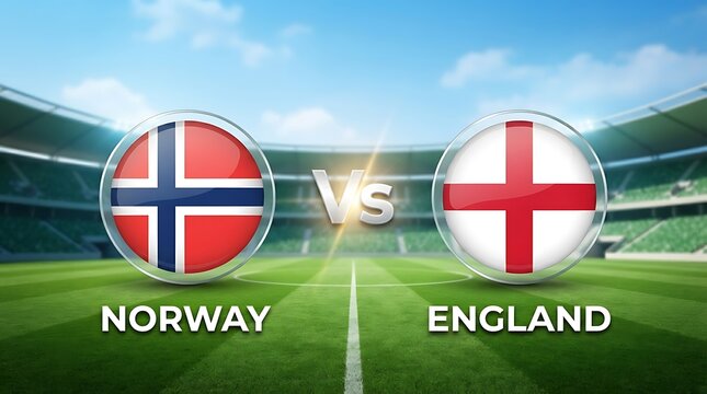 Norway vs england football match graphic with national flags on stadium background