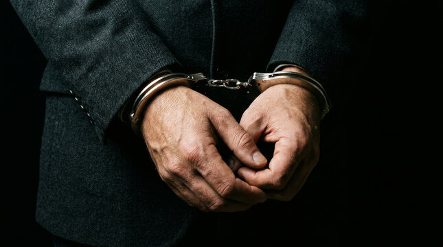 Handcuffed businessman in dark suit, arrested corporate criminal in metal handcuffs, white collar crime and financial fraud concept