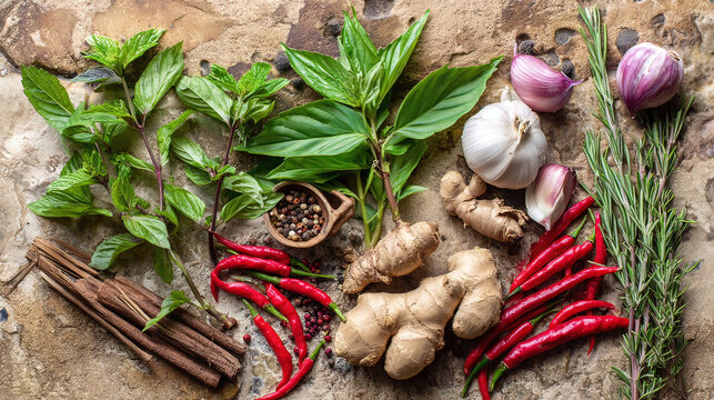 spice. Assortment of fresh Asian ingredients displayed on a rustic stone surface, captured from above. menu design, packaging mockups, designed for culinary blogs and recipe cards for restaurants.
