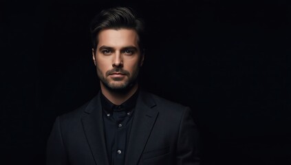 Fototapeta premium Businessman in suit against dark backdrop with space for text.