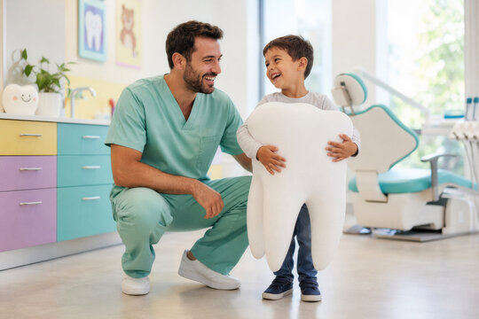 A dentist in green scrubs smiles while kneeling next to a young boy holding a large tooth prop. Friendly dental environment for children.