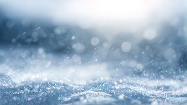 precipitation. Softly falling snowflakes in a winter scene with a cool blue atmospheric glow. travel magazines, destination branding, designed for outdoor magazines and nature guides.

