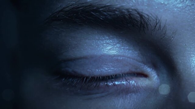 Reacting single adult eye closing in cool blue set, shiny drops nearing lower lid