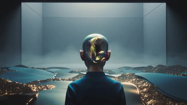 Hovering glossy orb releasing gold ribbon onto bald man in dark jacket in cube, forming patch