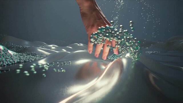 Lowering bare hand sweeping glossy metallic membrane at studio set, exploring turquoise bead motion