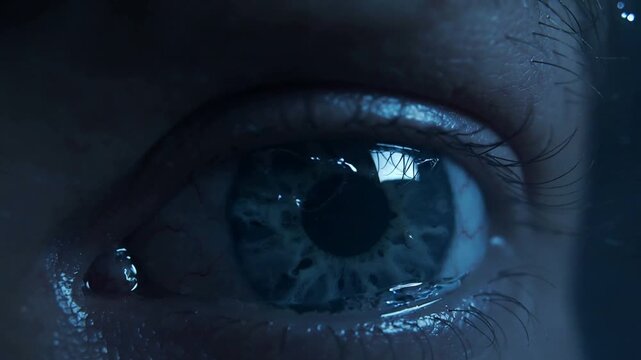 Capturing human eye reacting to light shift, showing tear forming in close-up, with blue-gray iris
