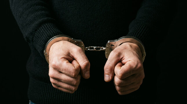 Handcuffed male suspect arrested for crime, close-up of hands in steel handcuffs, criminal justice and law enforcement concept