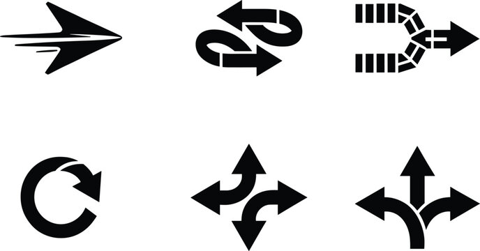 Collection of six modern arrow icons including speed motion, segmented curved path, branching multi‑direction, circular refresh, four‑way curved navigation, and upward three‑way directional design
