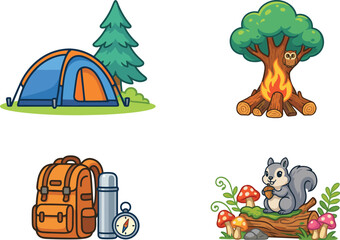 Fototapeta premium Cute Cartoon Camping and Forest Adventure Set with Dome Tent Bonfire Tree Backpacker Rucksack Thermos Flask Compass and Squirrel Vector Illustration Elements