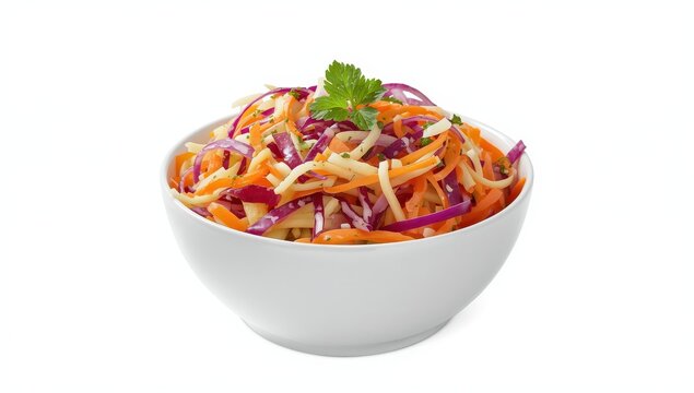 Carrot and cabbage coleslaw in a white bowl against a white backdrop.