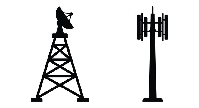 Communication tower and satellite dish silhouettes against a white background silhouette telecom cell radio parabolic antenna